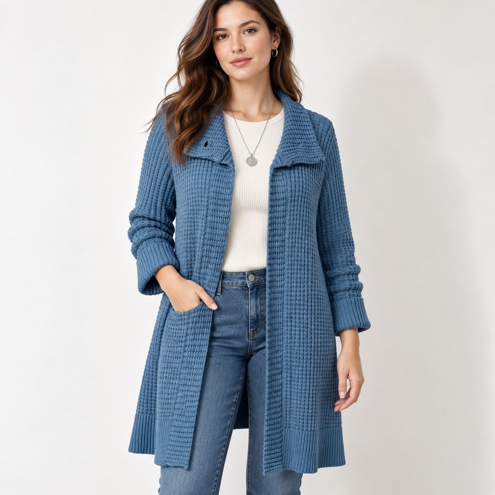 Liz Claiborne Cardigan 1X Blue Waffle Knit Open Front Shawl Collar Pockets